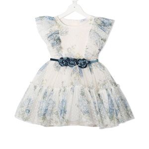 Monnalisa toddler girls dress size 4T. Blue/white floral ruffle dress.